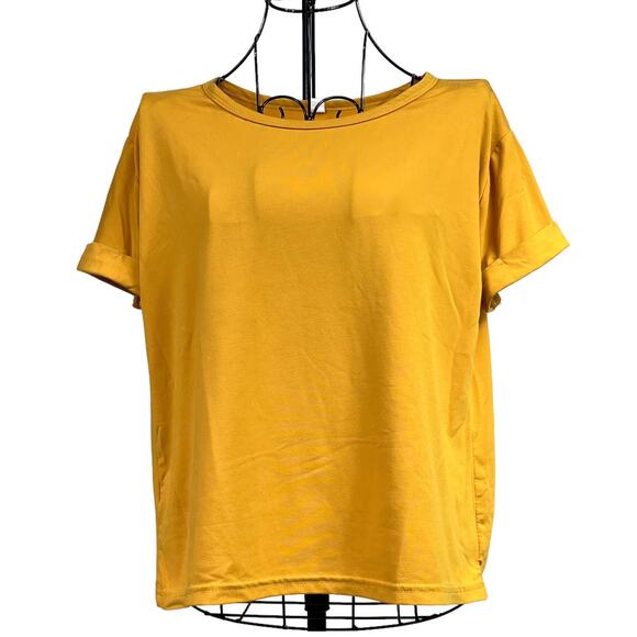 Soft Stretchy Mustard Yellow Boat Neck Tee Shirt Top Cuffed Short Sleeves Medium - Picture 1 of 12